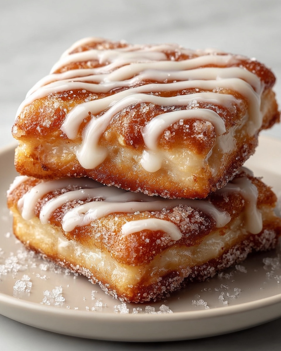 The image shows two square-shaped fried pastries stacked on a white plate with a white marbled texture in the background. Each pastry has a golden-brown color with a caramelized surface layer, topped with a drizzle of white icing in wavy lines. The edges and sides are soft and slightly puffy, with some granulated sugar sprinkled around, adding a slight sparkle. The top pastry sits slightly off-center on the bottom one, highlighting its thick, layered texture and glossy finish. Photo taken with an iphone --ar 4:5 --v 7
