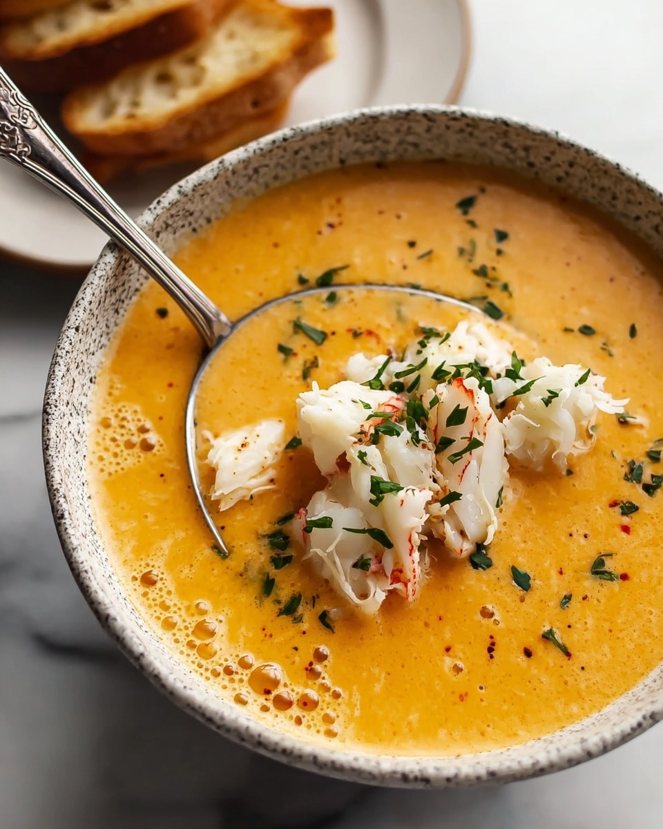 The image shows a bowl filled with creamy orange soup, smooth in texture with a few small bubbles on the surface. On top, there are white chunks of crab meat sprinkled with finely chopped green herbs. A shiny silver spoon rests in the bowl, partly submerged in the soup. The bowl itself is speckled with dark spots and sits on a white marbled surface. In the background, slightly out of focus, there are pieces of light brown toasted bread on a white plate. Photo taken with an iphone --ar 4:5 --v 7