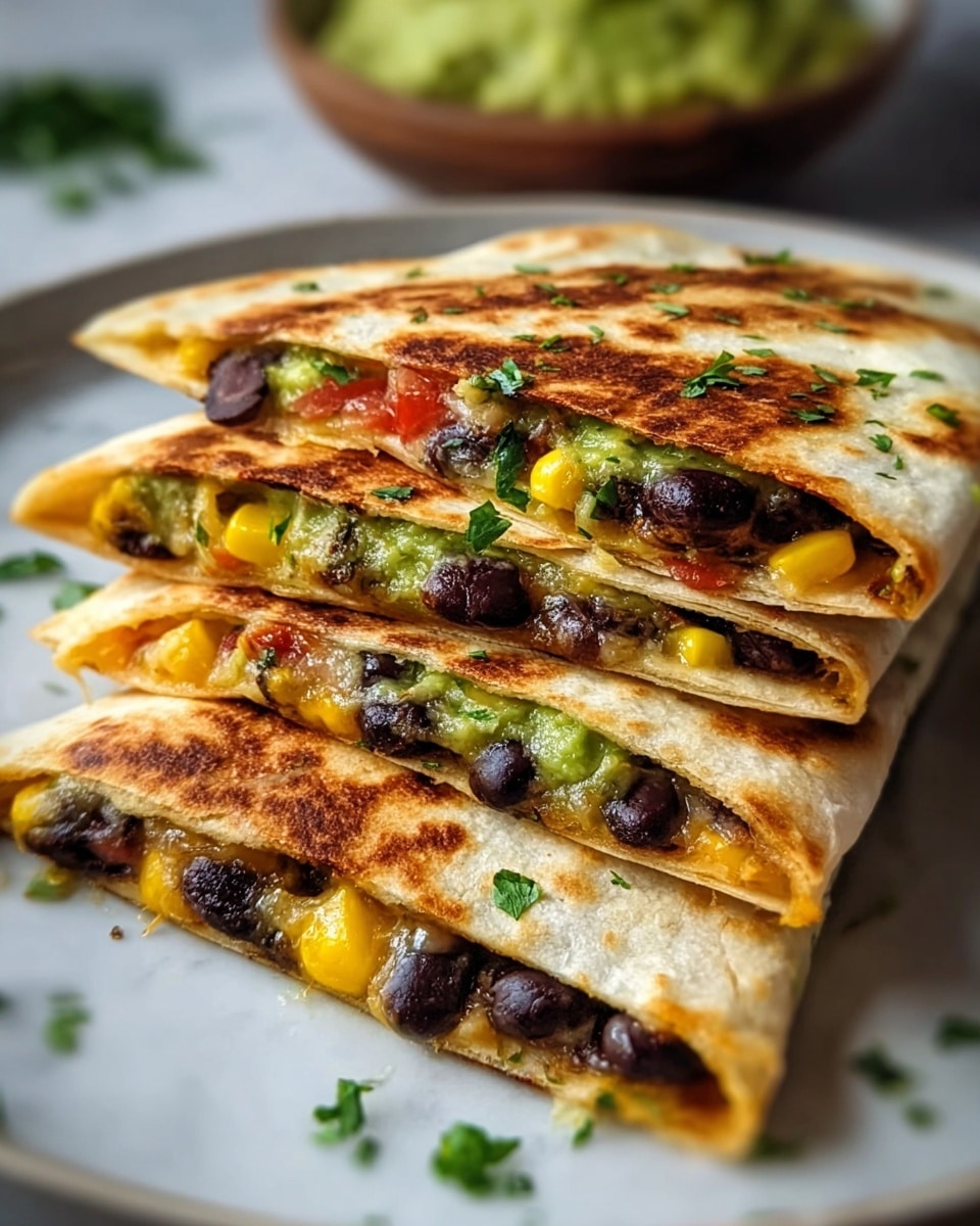 The image shows a close-up of four triangular quesadilla slices stacked on a white plate, placed on a white marbled surface. Each quesadilla has a crisp, golden-brown tortilla outer layer with light and dark toasted spots. Inside, layers of melted cheese, black beans, and a green guacamole-like mixture with bits of red tomato and yellow corn are visible. Small green herb pieces are sprinkled on top and around the quesadilla, adding a fresh touch. In the background, there is a blurred portion of green guacamole. Photo taken with an iphone --ar 4:5 --v 7
