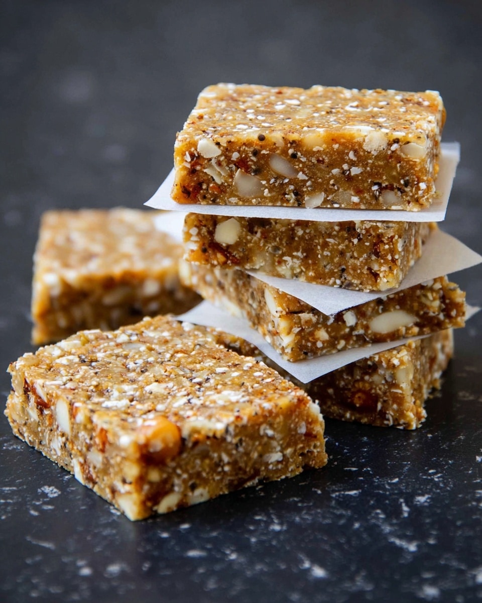 The image shows four square-shaped granola bars stacked and laid out on a dark surface with a white marbled texture. Each bar has a dense texture with visible bits of nuts, seeds, and grains embedded throughout, showing a mix of light brown, white, and golden hues. Thin pieces of white parchment paper separate the bars, and the granola bars have a slightly rough, crumbly surface with small white chunks scattered on top. The front bar lies flat while the other three are stacked unevenly behind it, creating a layered effect. photo taken with an iphone --ar 4:5 --v 7