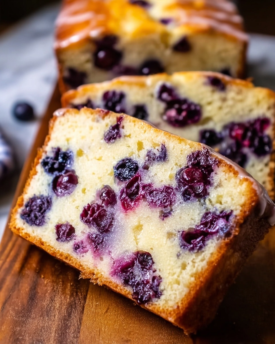 A close-up view of two thick slices of blueberry cake placed on a wooden surface, showing a golden-brown top crust with a shiny glaze. The inside of the cake is light yellow with many deep purple blueberries embedded throughout, some of which have burst slightly, creating purple streaks and spots in the soft texture. The edges are slightly darker and crispier than the inside. The background is blurred, focusing on the cake's moist, tender crumb and juicy berries, all against a white marbled texture. photo taken with an iphone --ar 4:5 --v 7