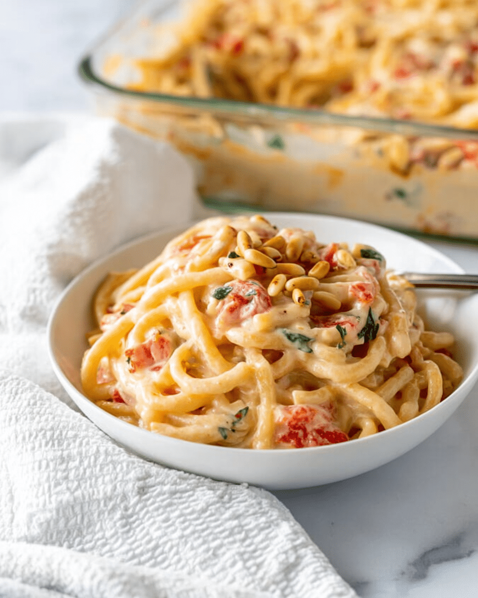 A white bowl filled with a small pile of creamy pasta made of thick, round noodles coated in a smooth, light beige sauce. Mixed into the pasta are small bits of red tomatoes and green herbs scattered throughout. The pasta shows a slightly glossy texture from the sauce, and pine nuts are placed on top for garnish. In the background, there is a clear glass baking dish filled with more pasta in the same creamy sauce, set on a white marbled surface. A white textured cloth is partially visible on the left side of the bowl. photo taken with an iphone --ar 4:5 --v 7