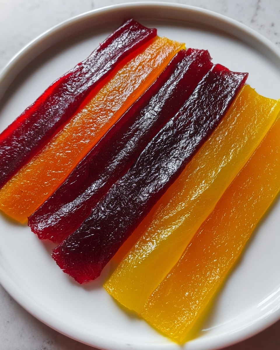 The image shows a white plate with six thick, glossy fruit leather strips arranged in two rows of three. The strips alternate in color, with deep red, dark purple, and bright yellow layers forming a visually striking pattern. Each strip is smooth with slightly wrinkled textures visible on the surface, catching the light and giving them a shiny, sticky look. The white plate rests on a white marbled texture, enhancing the vibrant colors of the fruit leather. photo taken with an iphone --ar 4:5 --v 7