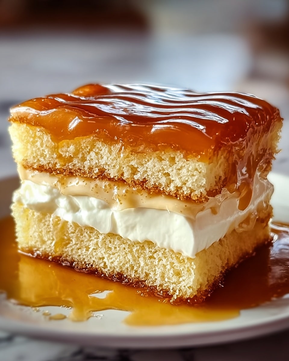 A close-up view of a square cake slice with three visible layers. The bottom and middle layers are light golden sponge cake with a soft, porous texture. Between the two sponge layers is a thick, creamy white filling that looks smooth and rich. The top sponge layer is covered by a shiny, caramel-colored glaze that is glossy and slightly translucent, with rippled patterns reflecting light. The cake sits on a white plate with some caramel sauce pooled around its base, creating a warm, appetizing look. The background has a white marbled texture, softly blurred to keep focus on the cake. photo taken with an iphone --ar 4:5 --v 7