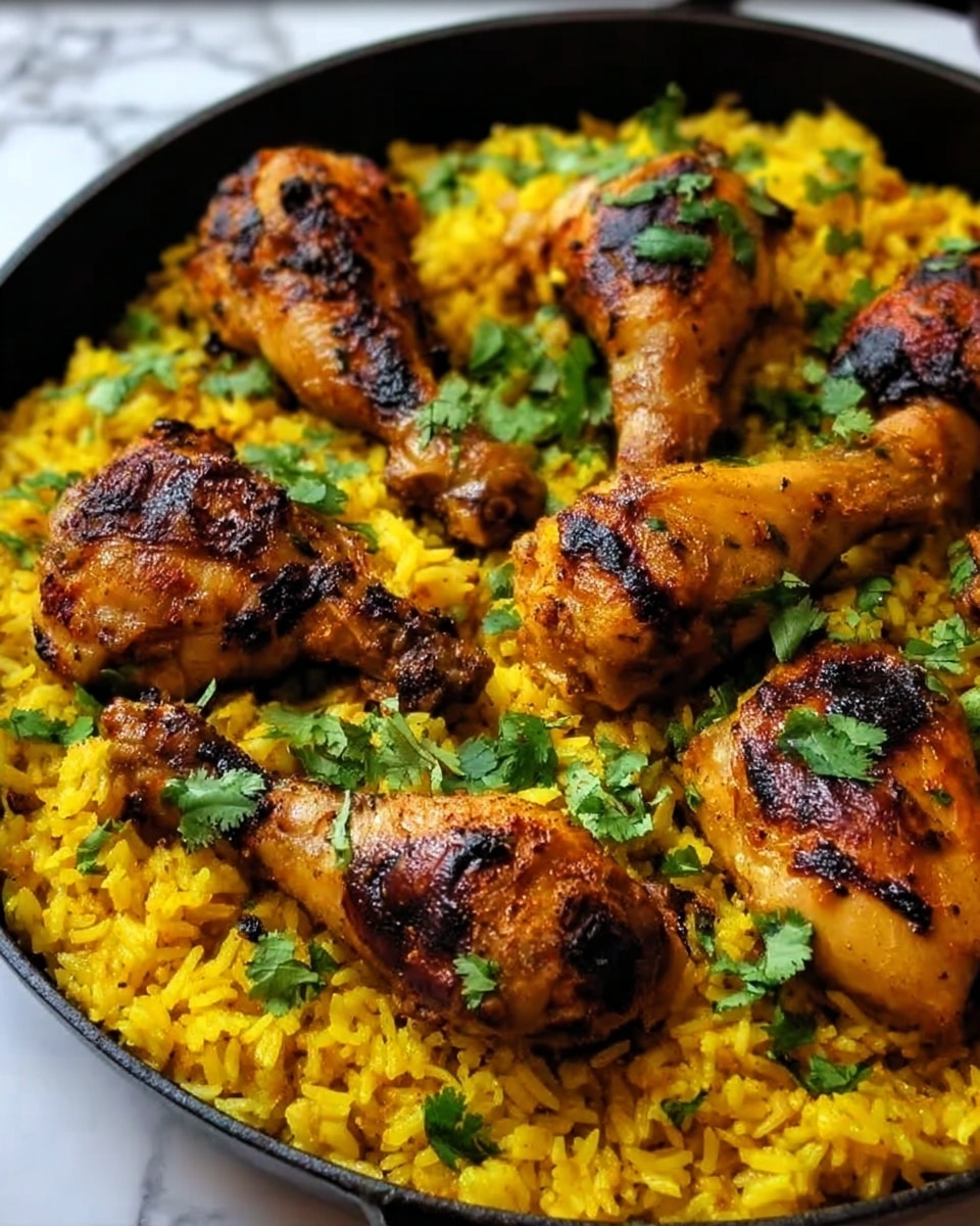 A close-up view of a black pan filled with yellow turmeric rice as the base layer, with a slightly fluffy texture showing separate grains, topped with six pieces of grilled chicken drumsticks that are golden-brown with charred grill marks and a crispy skin. Fresh green cilantro leaves are sprinkled over the chicken and rice, adding a contrast of color. The pan rests on a white marbled surface. photo taken with an iphone --ar 4:5 --v 7