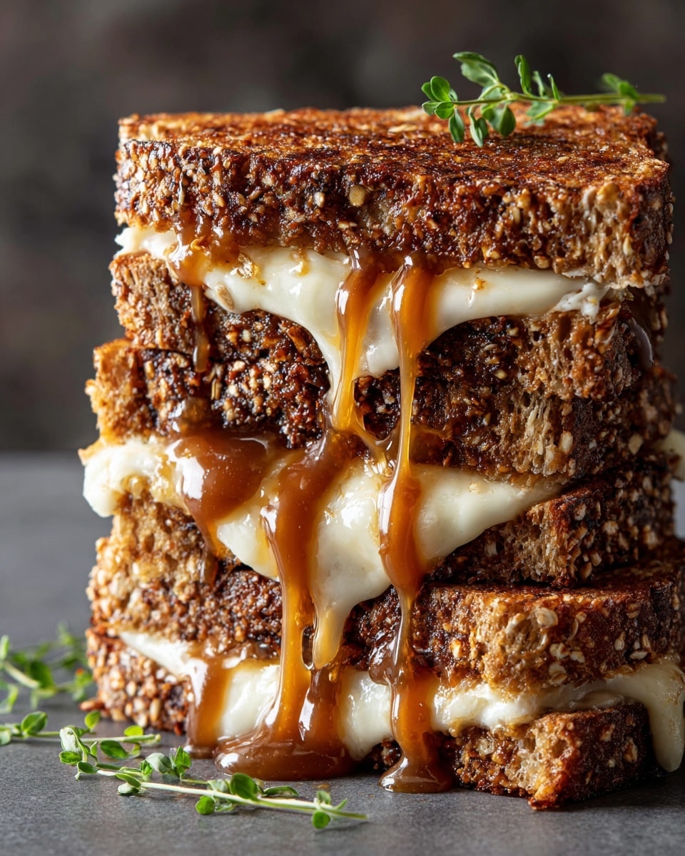 A close-up of a grilled cheese sandwich cut in half and stacked, showing two slices of golden-brown toasted bread with a crispy texture and sprinkled with coarse salt, melted white cheese oozing out in thick layers between the bread, small pieces of green apple tucked inside, and a glossy dark brown sauce dripping over the cheese and bread. There are small green herb sprigs placed on top and around the sandwich on a white marbled surface. Photo taken with an iphone --ar 4:5 --v 7