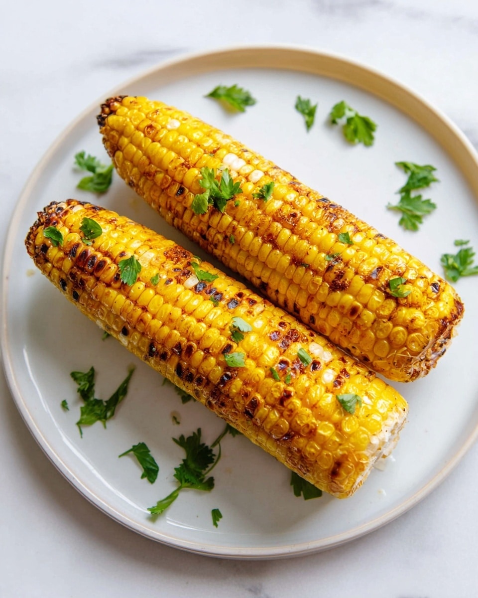 Two grilled corn cobs with a bright yellow and light golden color lie side by side on a white plate. The corn kernels show slight char marks in brown tones, giving a toasted texture on each cob. Small green parsley leaves are scattered both on top of the corn and around the plate, adding a fresh contrast in color. The plate rests on a white marbled surface that softly reflects light. photo taken with an iphone --ar 4:5 --v 7