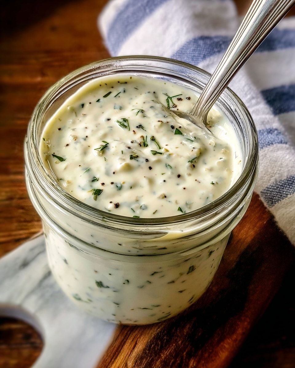 The image shows a clear small glass jar filled with a thick creamy white sauce speckled with small green herbs and black pepper bits. The sauce has a textured, chunky look with visible herb pieces floating throughout. A metal spoon is dipped into the jar, resting on the rim. The jar sits on a dark wooden surface with a white marbled texture visible at the edges, and a white cloth with blue stripes is casually placed nearby. The photo is bright and close-up, focusing mainly on the jar and sauce, making the texture and color details clear. photo taken with an iphone --ar 4:5 --v 7