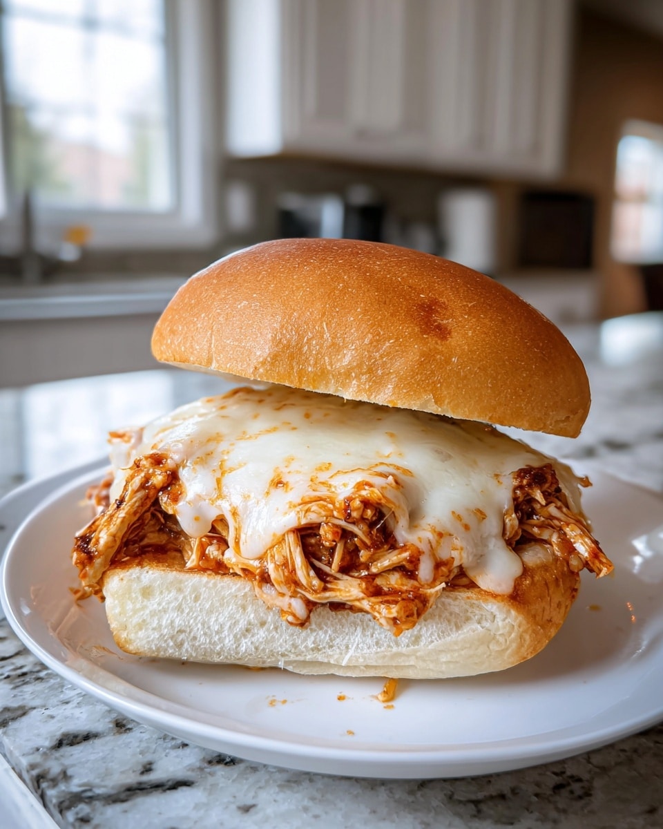 A close-up view of a sandwich on a white plate, placed on a white marbled surface inside a kitchen. The sandwich has two layers: the bottom layer is a white soft bun with a slight toast, and the filling consists of shredded chicken mixed with a reddish-brown sauce. On top of the chicken, there is a layer of melted white cheese that looks smooth and creamy, with some parts slightly bubbly. The top bun is golden brown and slightly shiny, sitting gently over the filling. The background shows a blurred kitchen setting with white cabinets and a window. photo taken with an iphone --ar 4:5 --v 7