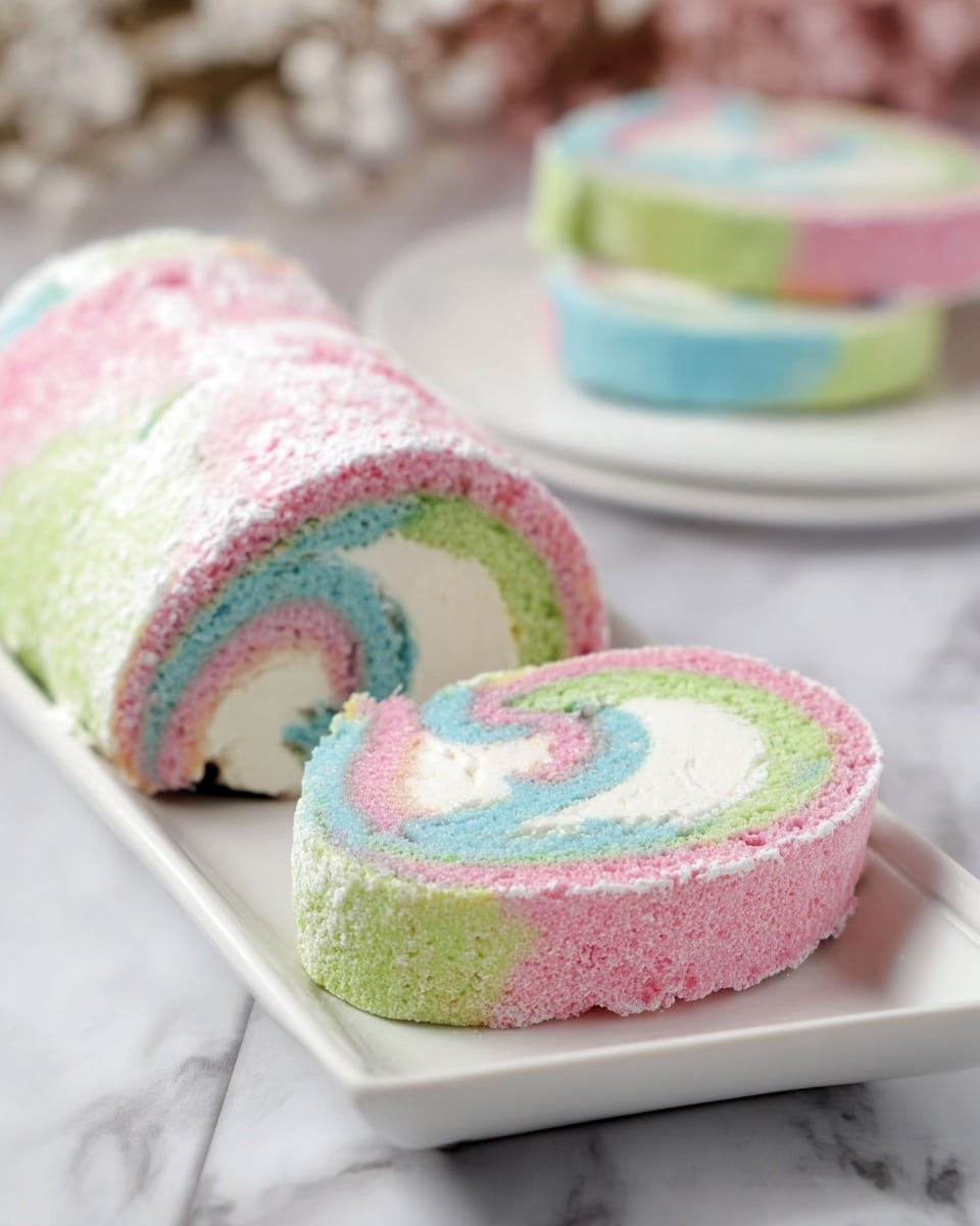 This image shows two slices of a colorful rolled dessert on a white rectangular plate placed on a white marbled surface. The dessert has three visible layers: the outer layer is a soft, spongy cake with swirls of pink, green, and light blue colors, lightly dusted with powdered sugar giving it a textured look. Inside, there is a thick, smooth, white cream filling that contrasts with the bright outer layer. Behind the slices, part of the uncut roll with the same colorful and creamy layers is visible, and a few more stacked slices can be seen blurred in the background. Photo taken with an iphone --ar 4:5 --v 7