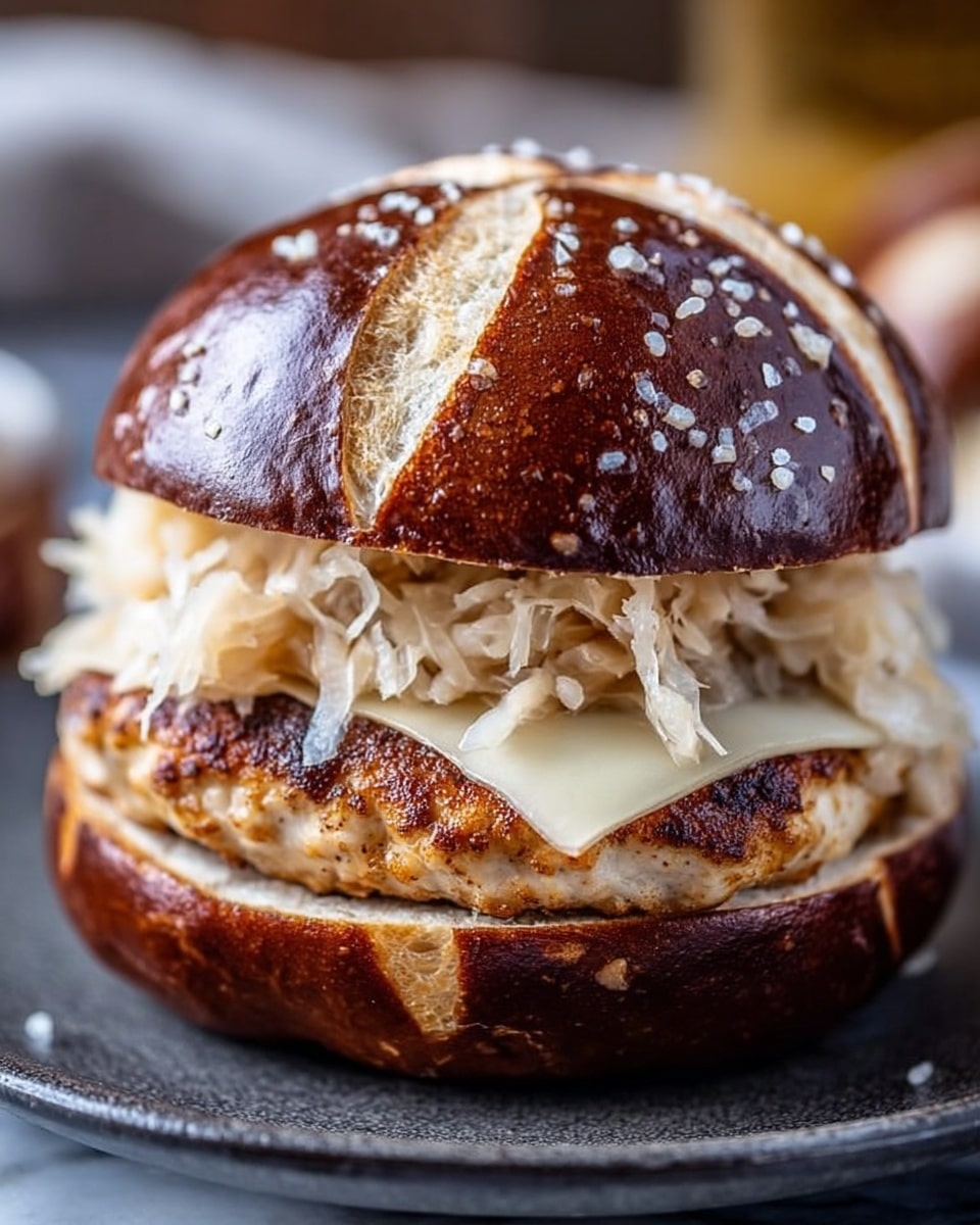 A close-up of a sandwich on a dark plate set on a white marbled surface; the sandwich has four main visible layers starting with a shiny, deep brown pretzel bun top sprinkled with coarse salt, followed by a thick layer of pale, shredded sauerkraut just beneath it, under that is a slightly melted, off-white slice of cheese, and the bottom layer is a well-seared, golden-brown grilled chicken patty; the sandwich sits on the bottom half of the pretzel bun which looks soft and slightly toasted. photo taken with an iphone --ar 4:5 --v 7
