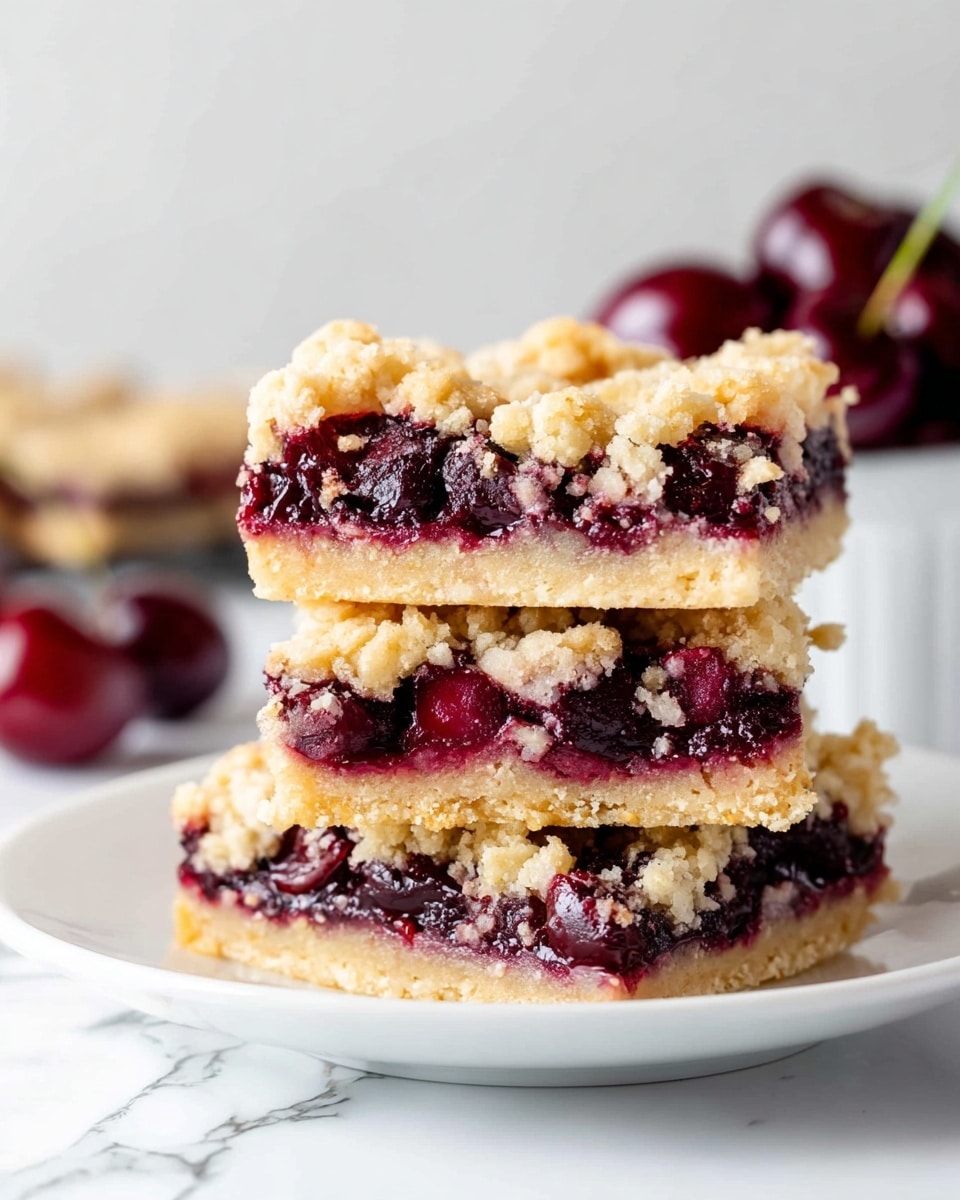 Three cherry crumb bars are stacked on a white plate, each bar showing three layers: a bottom layer of light golden crust, a middle layer of dark red cherry filling with whole cherries visible, and a top layer of golden crumb topping with chunky texture. In the background, blurred dark red cherries are in a white bowl, all set on a white marbled surface. Photo taken with an iphone --ar 4:5 --v 7