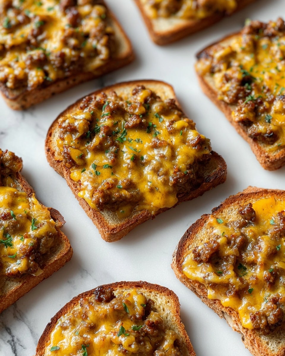 The image shows a baking tray filled with sixteen evenly spaced pieces of toasted brown bread. Each toast piece is topped with a thick, golden-yellow melted cheese layer mixed with browned sausage bits, giving a slightly bubbly texture on top. Small green herb pieces are sprinkled over the cheese and across the tray. The tray is placed on a white marbled textured surface. photo taken with an iphone --ar 4:5 --v 7