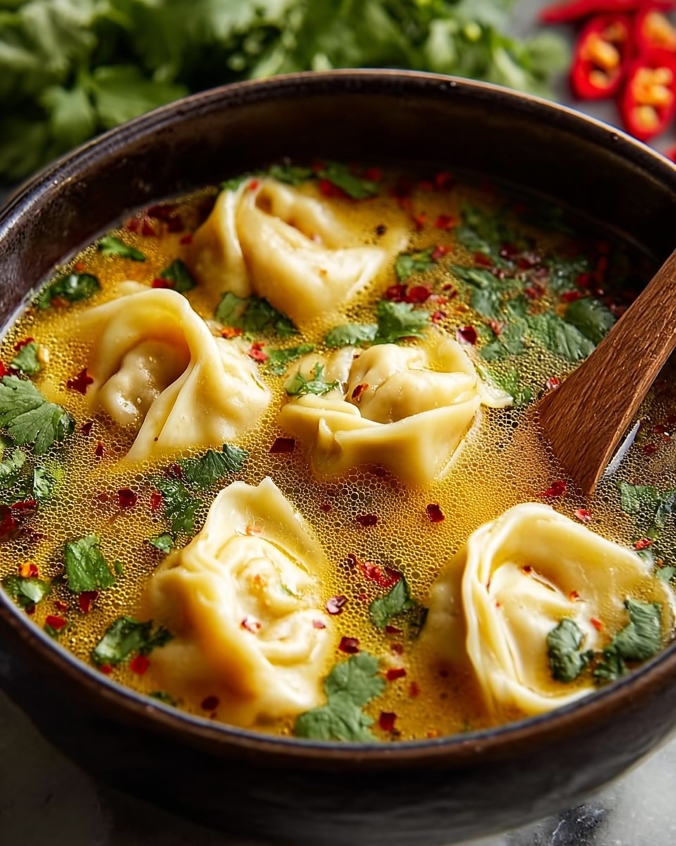 A close-up of a dark bowl filled with five dumplings in spicy broth, each dumpling pale yellow and plump with delicate folds, floating amid the golden-orange liquid dotted with red chili flakes and small air bubbles. Bright green cilantro leaves are scattered on top, adding fresh color and texture. A wooden spoon rests inside the bowl, and blurred fresh herbs and red chili slices are visible in the background. The bowl sits on a white marbled surface. photo taken with an iphone --ar 4:5 --v 7