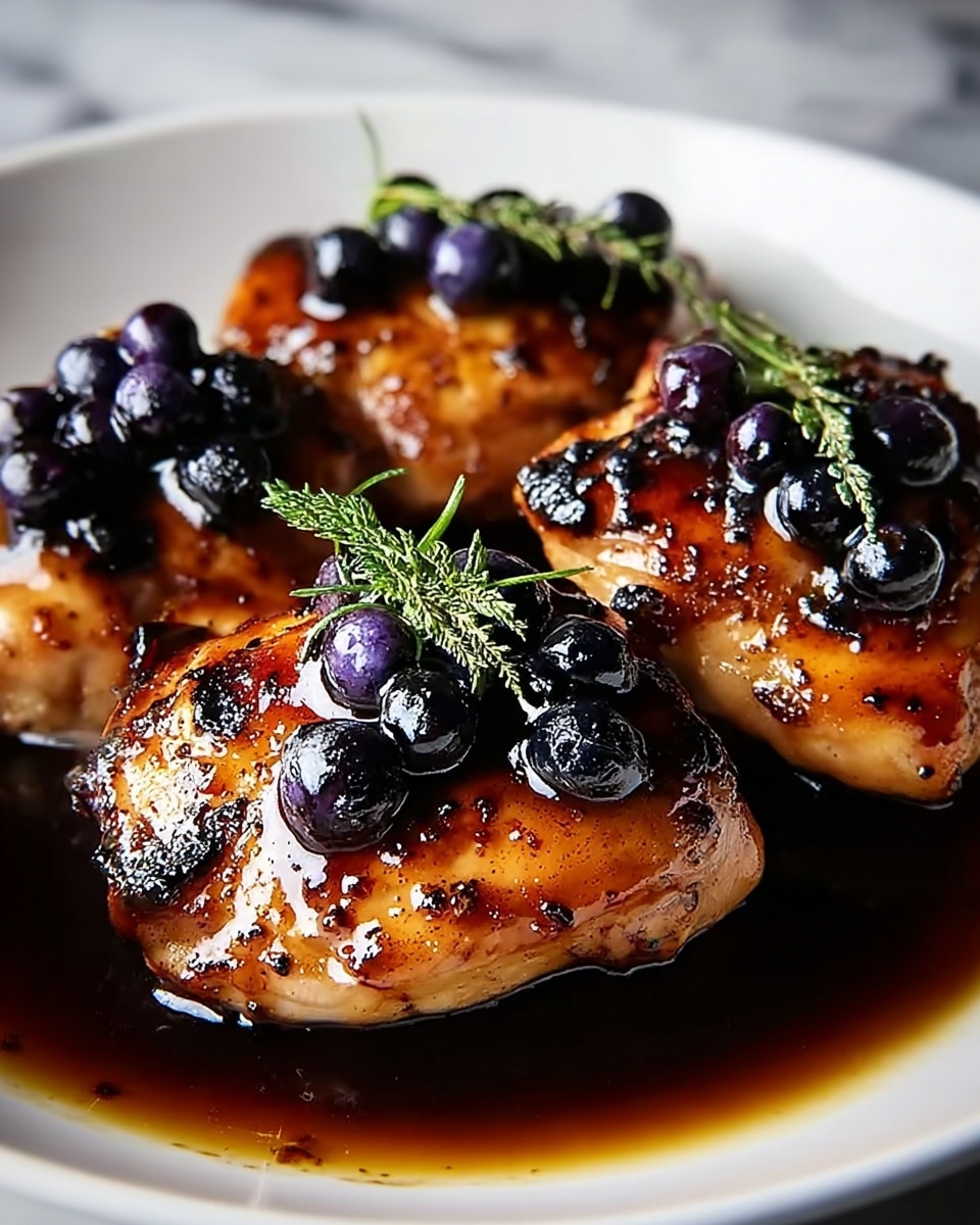 The image shows a close-up of three grilled chicken pieces arranged on a white plate, each piece golden brown with char marks and glistening from a dark, glossy glaze. On the top layer of the chicken, there are shiny dark purple-blue berries and fresh green sprigs of herbs, creating a contrast with the warm tones of the chicken. A rich sauce pools around the base, adding a smooth, liquid texture that reflects light. The setting is a white marbled surface, enhancing the colors of the dish. photo taken with an iphone --ar 4:5 --v 7