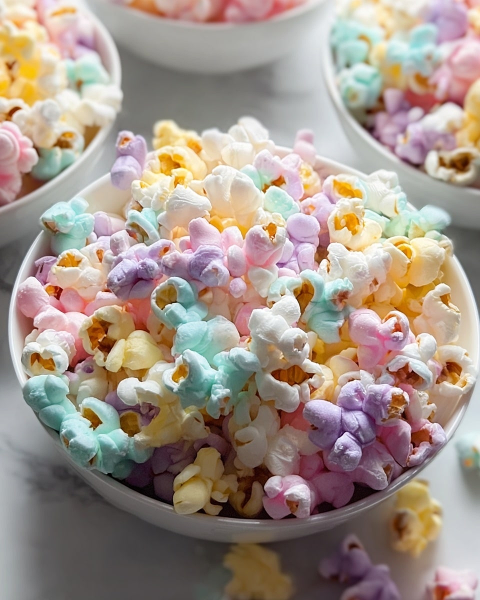 A close-up view of a white bowl filled with popcorn that has soft pastel colors scattered throughout, including shades of light blue, pink, purple, and yellow. Each popcorn kernel shows a fluffy, slightly irregular texture with the pastel colors gently blending into the white parts. The bowl is placed on a white marbled surface, and parts of two other white bowls filled with similar popcorn are visible around it. The lighting is bright and soft, highlighting the smooth, airy texture of the popcorn. photo taken with an iphone --ar 4:5 --v 7