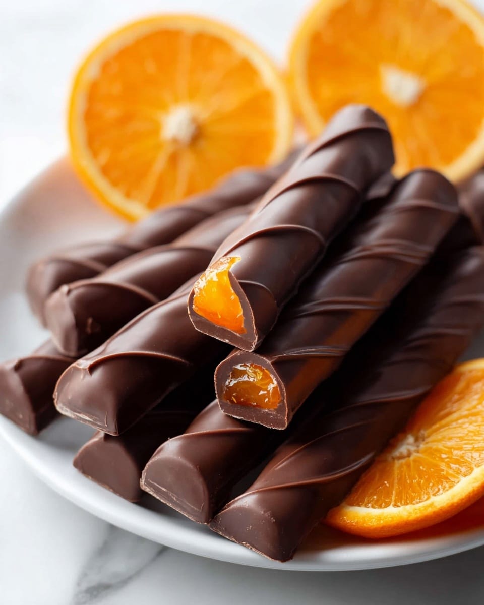 The image shows a pile of long, smooth dark chocolate sticks on a white plate with a white marbled texture under it. Each chocolate stick has soft, gentle swirls on its shiny surface, and one stick is cut open to reveal a bright, glossy orange jelly layer inside. Behind the chocolates, there are two halves of an orange, showing the juicy, segmented fruit with a vibrant orange color and a fresh texture. Photo taken with an iphone --ar 4:5 --v 7