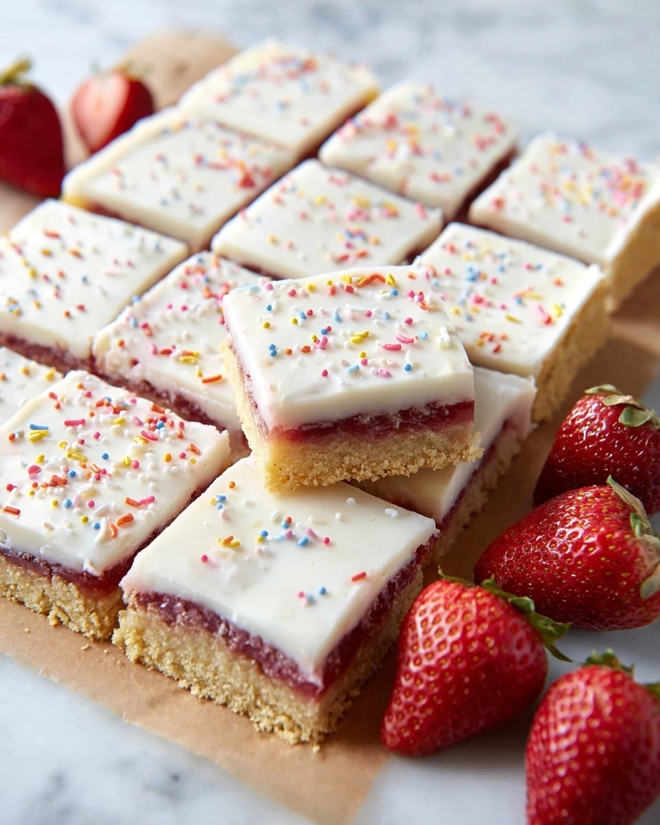 A white tray holds a set of square dessert bars arranged in a grid, each bar with three layers: a crumbly golden crust on the bottom, a thick pink jam filling in the middle, and a smooth white icing on top. The icing is decorated with small sprinkles in colors like red, yellow, blue, and orange scattered evenly. One bar is held slightly above the tray, showing the layers clearly, while fresh red strawberries lie nearby on a white marbled surface. photo taken with an iphone --ar 4:5 --v 7