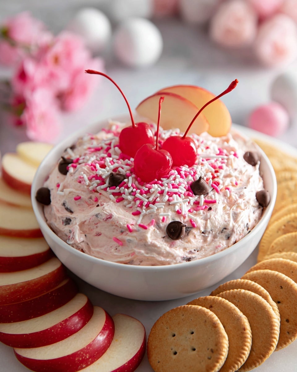 A white bowl is filled with a creamy dip that is light pink with visible darker chocolate chips mixed inside. The dip is topped with sprinkles in white, pink, and red, three bright red cherries, and a single thin slice of red apple placed at the back edge. Around the bowl on the white marbled surface, there are neatly arranged slices of red apple on one side and a row of golden sandwich cookies on the other side. In the background, blurry white balls and pink flowers add soft color to the scene. Photo taken with an iphone --ar 4:5 --v 7