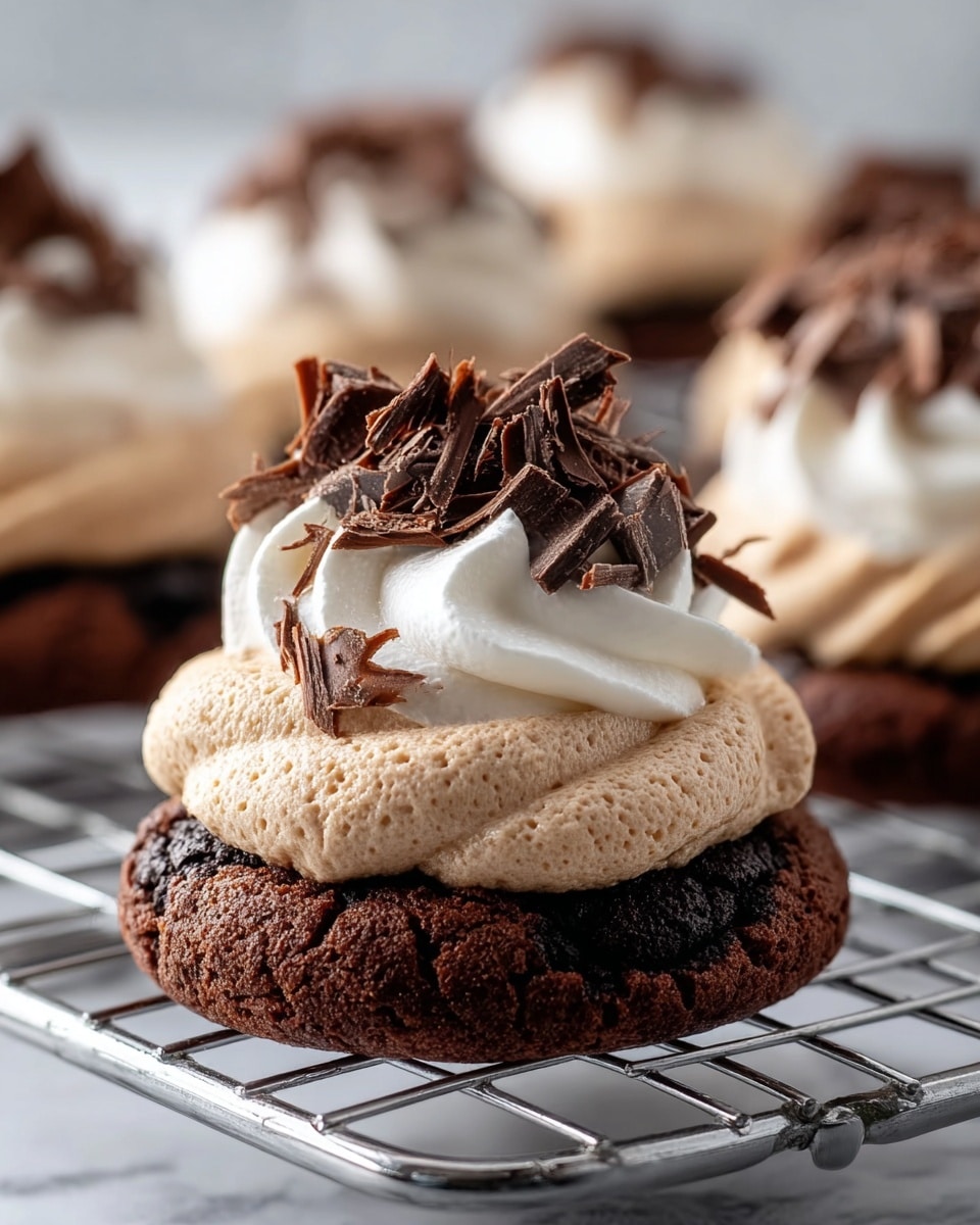 The image shows a close-up of a chocolate cookie with three distinct layers. The bottom layer is a dark, cracked chocolate cookie with a rough texture. On top of this is a light brown, creamy frosting, piped in a smooth, swirled pattern. The next layer is a dollop of white whipped cream, soft and airy in texture, placed on the center of the frosting. The top layer consists of thin, dark chocolate shavings scattered over the whipped cream, adding a textured and rich finishing touch. The cookies rest on a silver metal cooling rack, set against a white marbled surface. In the background, blurred but visible, are more cookies with the same layers. photo taken with an iphone --ar 4:5 --v 7