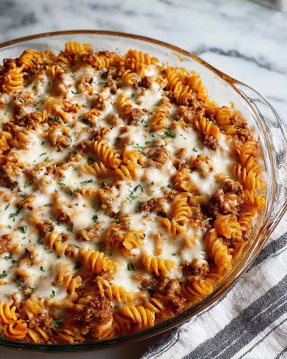 The image shows a baked pasta dish in a clear glass oval dish, filled with about two layers: the bottom layer consists of bright orange spiral pasta mixed evenly with browned ground meat, and the top layer is melted white cheese with slightly golden spots and small green herb sprinkles scattered on top. The dish is placed on a white marbled surface with a striped cloth partially visible on the side. photo taken with an iphone --ar 4:5 --v 7