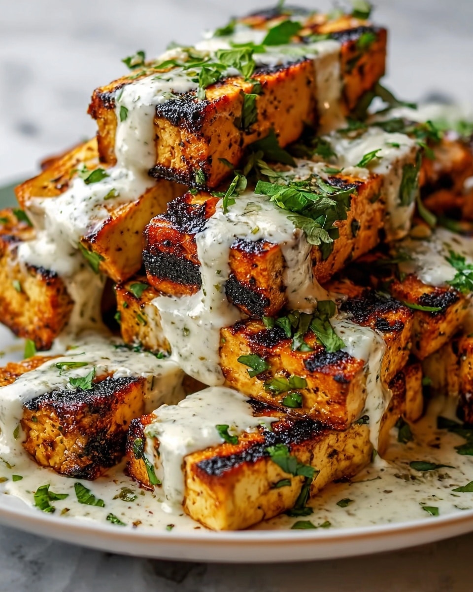 The image shows a close-up of several layers of grilled tofu cubes stacked on a white plate. Each tofu cube has a charred, dark brown and golden crust with grill marks, giving a crispy texture. A creamy white sauce with specks of green herbs is drizzled generously over the tofu cubes, running down the sides. Fresh chopped green herbs are sprinkled on top, adding contrast with their bright color. The plate sits on a white marbled surface. photo taken with an iphone --ar 4:5 --v 7