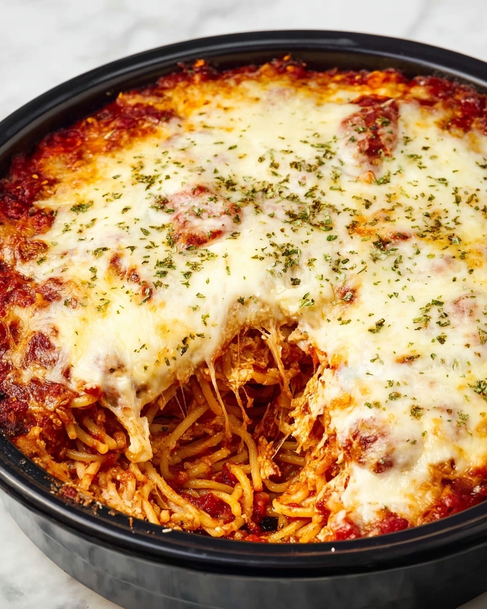 The dish is a baked spaghetti casserole in a black round pan, showing three main layers. The bottom layer is red tomato sauce with chunks of tomato, covering the pan’s base. The middle layer is cooked spaghetti noodles mixed with the sauce, appearing thick and tangled with a reddish hue. The top layer is melted white cheese with a creamy texture, spread evenly and sprinkled with green dried herbs. Part of the casserole is scooped out, revealing the stringy, gooey cheese lifting from the noodles underneath. The pan sits on a white marbled surface. photo taken with an iphone --ar 4:5 --v 7