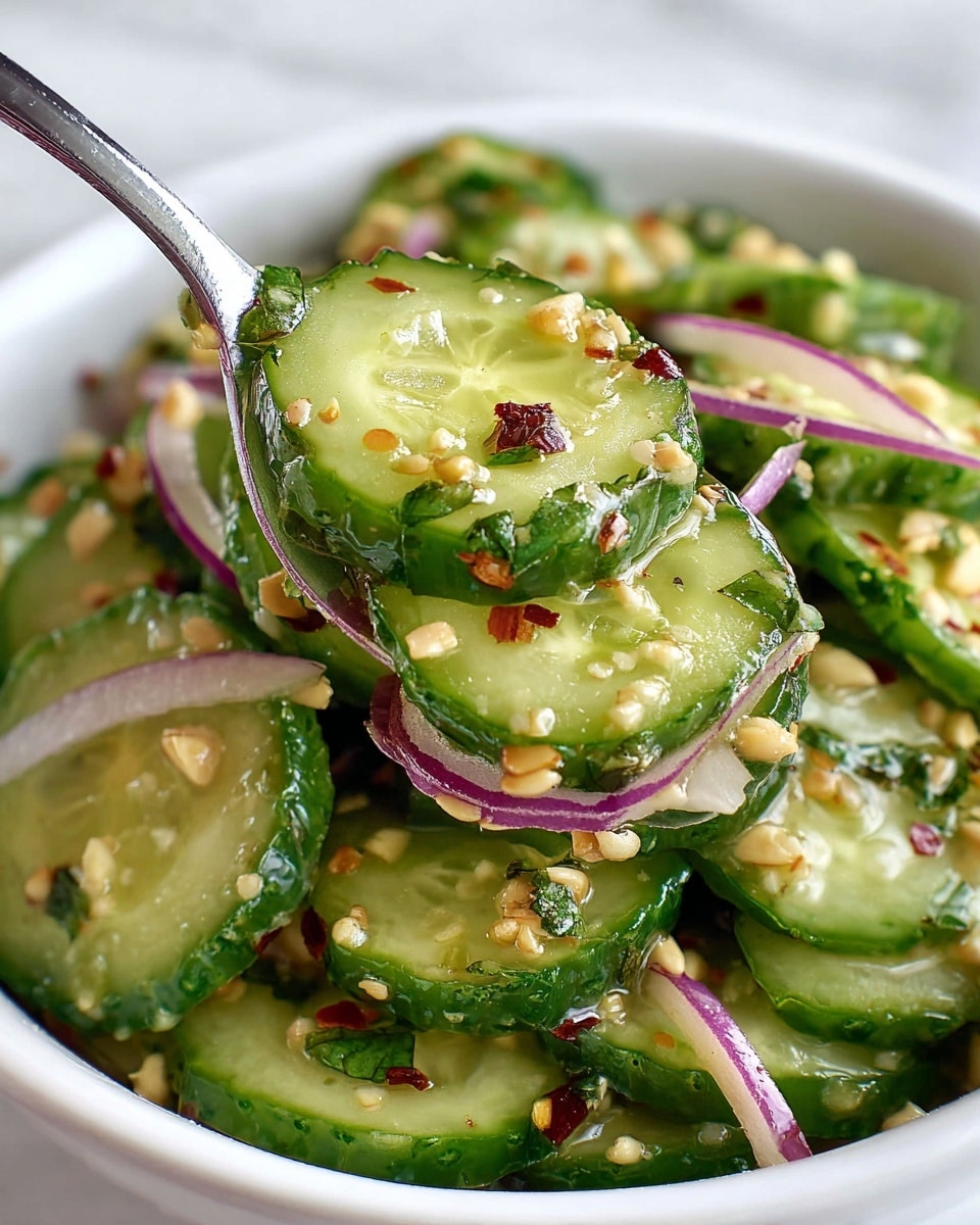 A close-up view of a white bowl filled with a fresh cucumber salad made of three main layers: bright green cucumber slices with a slightly glossy texture are the base layer, thin strips of purple-red onion are scattered on top, and a dressing made with crushed light yellow nuts, green herbs, white sesame seeds, and small bits of red chili flakes is drizzled over everything, adding texture and color contrast. A silver spoon holding a few slices of cucumber, onion, and dressing is lifted above the bowl, showing the mix clearly. The background is a white marbled texture. photo taken with an iphone --ar 4:5 --v 7