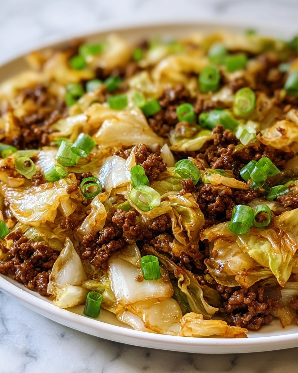 A close-up view of a white plate full of cooked stir-fried cabbage and ground beef mixed together, with pieces of cabbage showing a soft, slightly browned texture with a shiny oily look, and the ground beef appearing crumbly and rich brown. Scattered on top are small, bright green chopped scallions that add a fresh color contrast. The dish sits on a white marbled surface, showing the food in sharp detail with a warm, inviting tone. Photo taken with an iphone --ar 4:5 --v 7