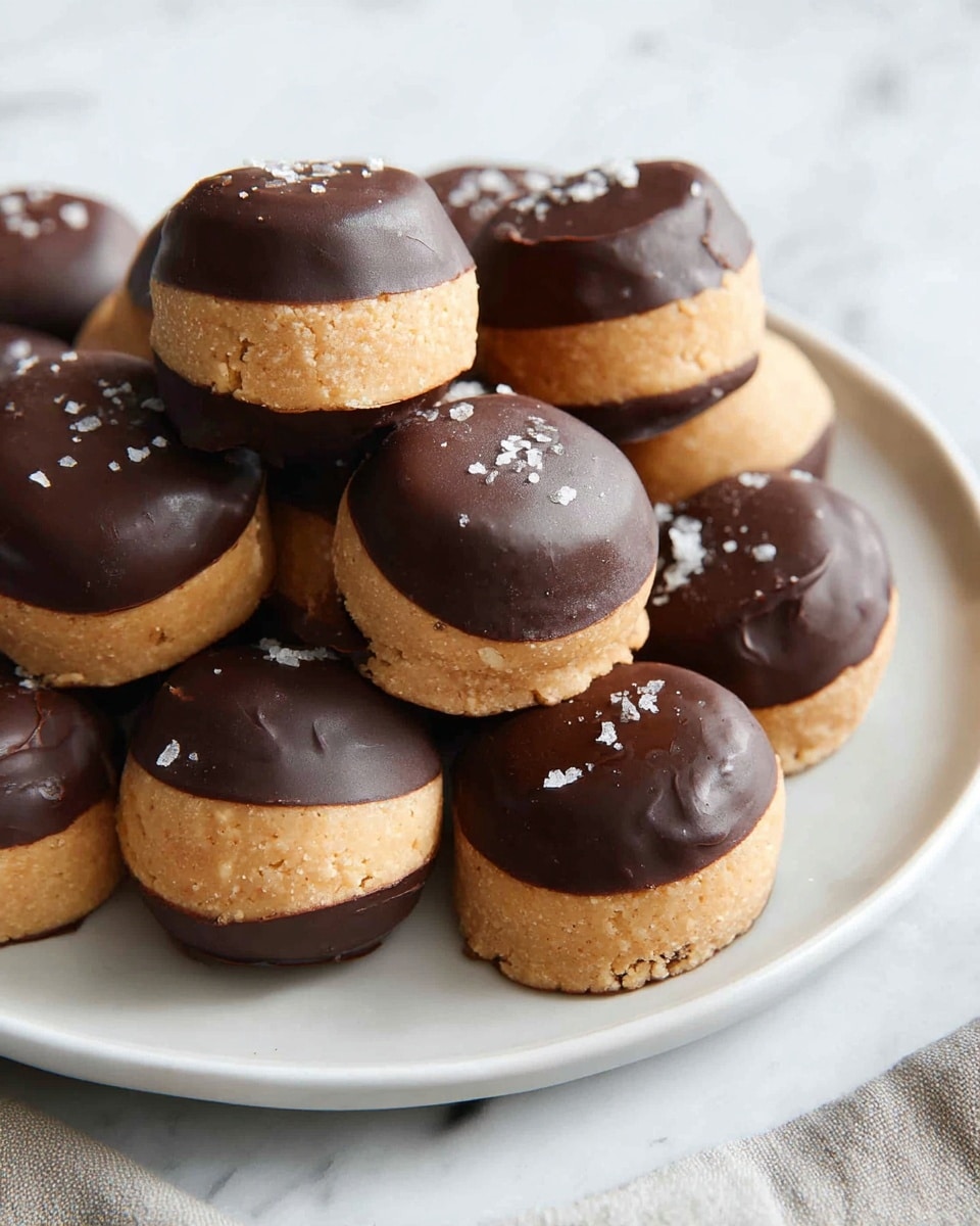 A white plate holds a pile of round treats with two clear layers: the bottom half covered in smooth, dark chocolate with a shiny texture, and the top half showing a light tan, slightly rough dough surface sprinkled with coarse salt flakes. The treats are stacked unevenly, some resting on top of others, set on a white marbled surface. photo taken with an iphone --ar 4:5 --v 7
