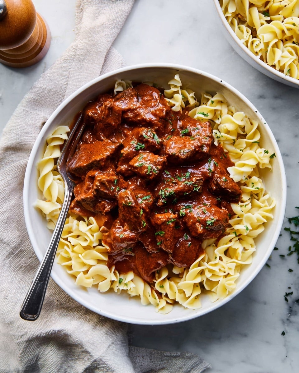 A white bowl filled with two layers of food sits on a white marbled surface. The bottom layer shows light yellow, curly egg noodles with a soft texture, arranged loosely to fill the bowl. The top layer is thick pieces of beef covered in a rich reddish-brown sauce, scattered over the noodles. Small green herbs are sprinkled on the beef, adding color contrast. A silver fork rests inside the bowl on the left side, partially dipped in the noodles. Part of a white cloth is visible to the left of the bowl, with a pepper grinder and another bowl of noodles positioned on the right in the background. Photo taken with an iphone --ar 4:5 --v 7