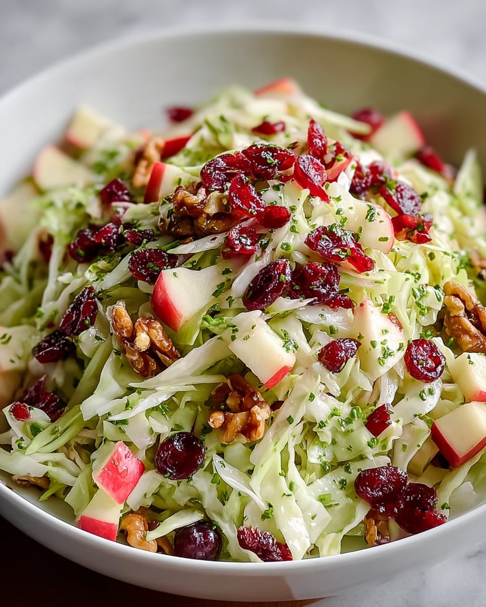 A white bowl filled with a fresh salad showing three main layers: the bottom layer is light green shredded cabbage with a crisp texture, the middle layer has small, red, shiny dried cranberries scattered evenly, and the top layer contains small cubes of reddish apple with white flesh and a few pieces of brown walnuts. The salad is lightly covered with chopped green herbs that add fine green specks across all layers. The bowl is placed on a white marbled textured surface. photo taken with an iphone --ar 4:5 --v 7