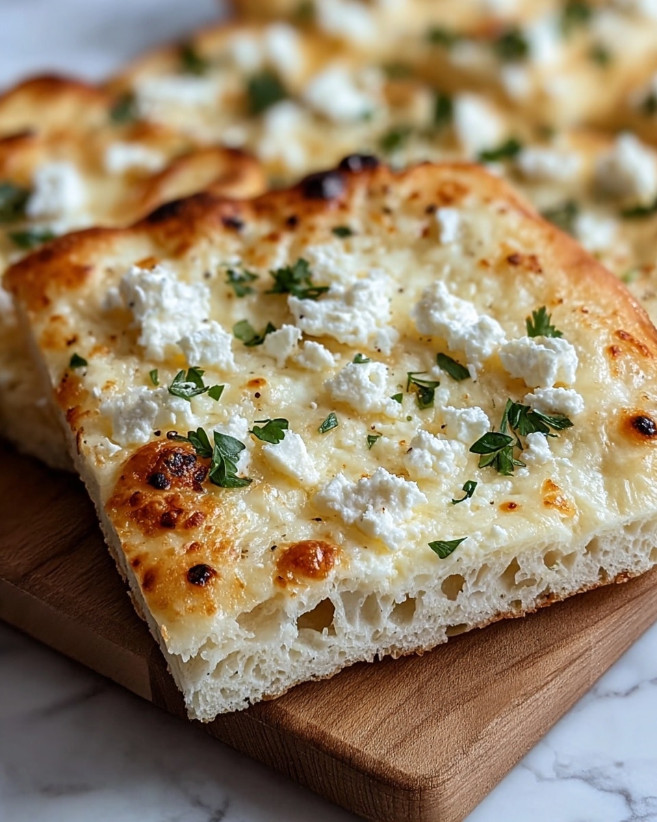 A close-up of a square slice of white flatbread pizza resting on a wooden board against a white marbled surface, showing three layers: a fluffy, light golden brown crust at the bottom with visible airy holes, a smooth melted cheese layer on top with small browned spots, and scattered dollops of crumbly white cheese with fresh green herb leaves sprinkled evenly across the surface. The melted cheese has a soft, slightly oily texture, and the herbs add small pops of vibrant green color, enhancing the overall creamy look of the dish. Photo taken with an iphone --ar 4:5 --v 7