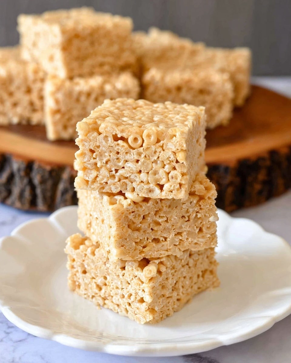 The image shows three square Rice Krispies treats stacked one on top of the other on a white plate with a scalloped edge. Each square is golden beige with a slightly glossy, sticky texture and visible puffed rice pieces tightly packed together. In the background, more Rice Krispies treats sit on a round wooden platter with a rough bark edge, all placed over a white marbled surface. The overall look is simple and inviting, highlighting the soft and chewy texture of the treats. Photo taken with an iphone --ar 4:5 --v 7