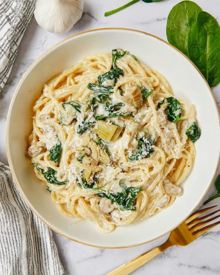 Artichoke Spinach Pasta in Creamy Parmesan Sauce Recipe