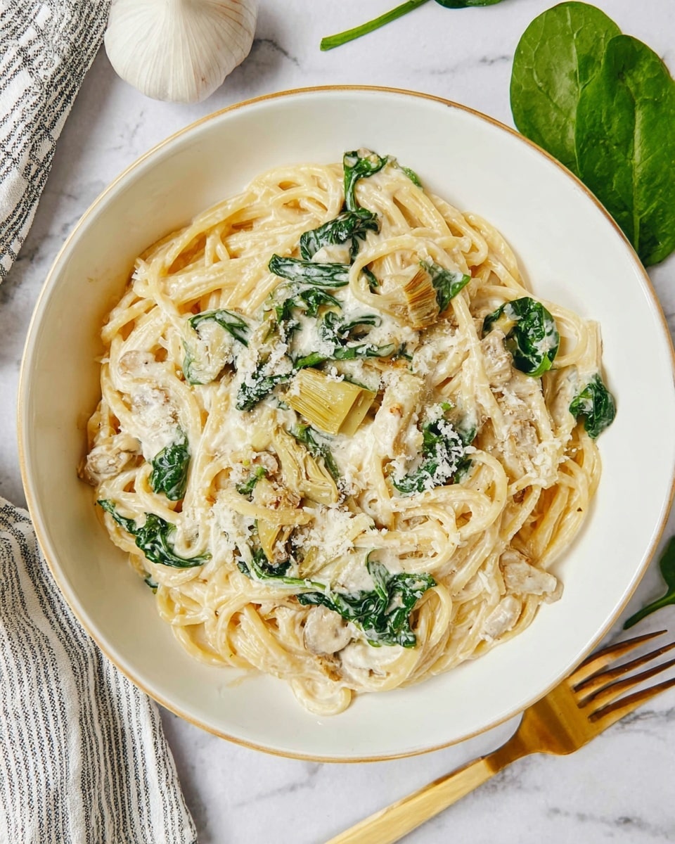 A white bowl filled with creamy pasta showing about three layers: a base layer of long, light golden noodles, a middle layer of green wilted spinach leaves and pale yellow artichoke pieces, and a top layer of white creamy sauce coating everything with a slight sprinkle of grated cheese. The edges of the bowl are clean, sitting on a white marbled surface with a whole garlic bulb and green spinach leaves nearby. A golden fork is placed next to the bowl on the surface, and a woman's hand holding a striped cloth can be partially seen on the left side. Photo taken with an iphone --ar 4:5 --v 7