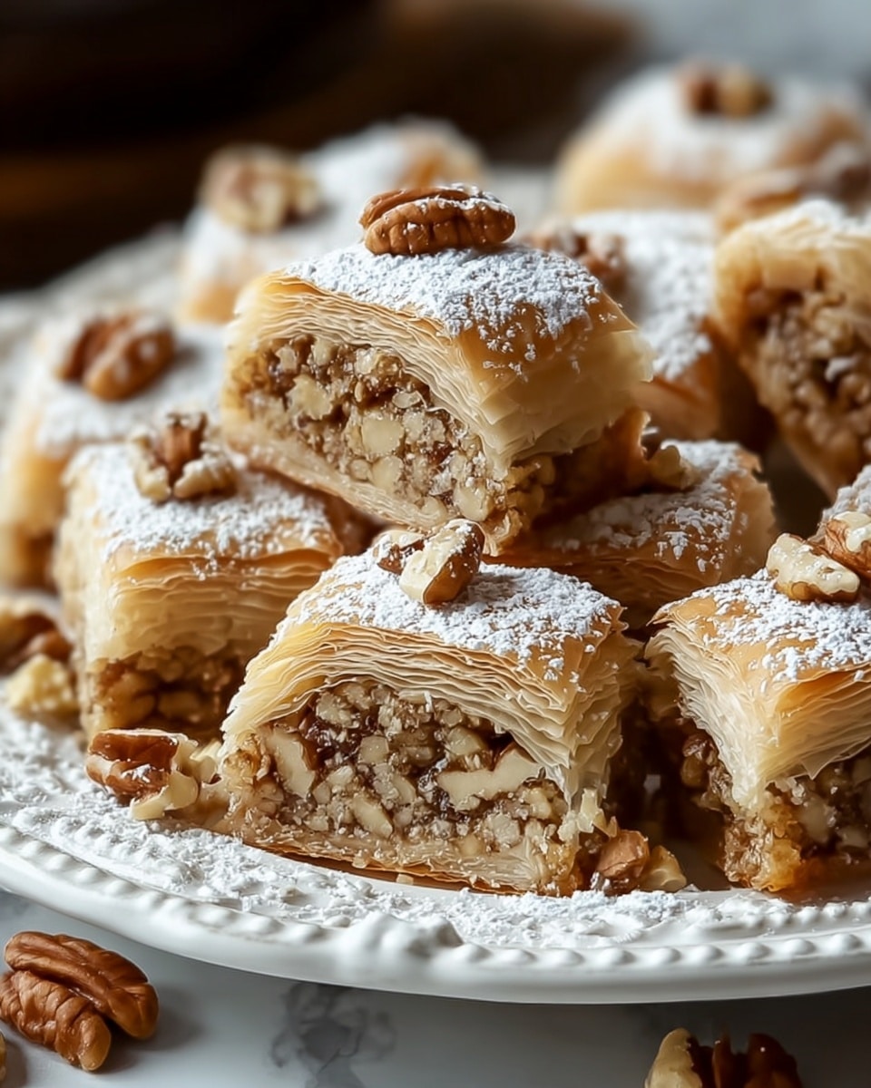 The image shows square-shaped pastries on a white plate with detailed edges, each topped with a sprinkle of white powdered sugar and pieces of walnut. One piece is cut in half and placed in the front, revealing multiple thin layers of light beige dough wrapped around a dense filling of chopped walnuts, giving a textured, nutty center with varying shades of brown and cream. The pastries are arranged closely together, with a few walnut pieces scattered around the plate on a white marbled surface. Photo taken with an iphone --ar 4:5 --v 7