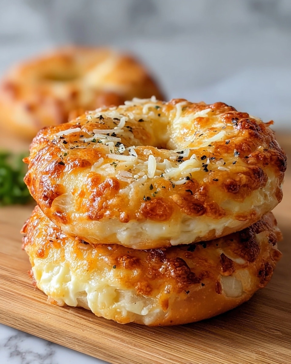 Two golden brown cheese bagels are stacked on a light wooden board placed on a white marbled surface. Each bagel has a shiny, bubbly top layer covered with melted cheese that is slightly browned and crispy around the edges. Thin shreds of white cheese and small black pepper flakes are sprinkled over the top, adding texture and contrast. The bagels have visible layers beneath the cheese, showing a soft, fluffy inside with a slightly firm crust. In the background, another similar bagel is slightly blurred, with a hint of green garnish out of focus. Photo taken with an iphone --ar 4:5 --v 7