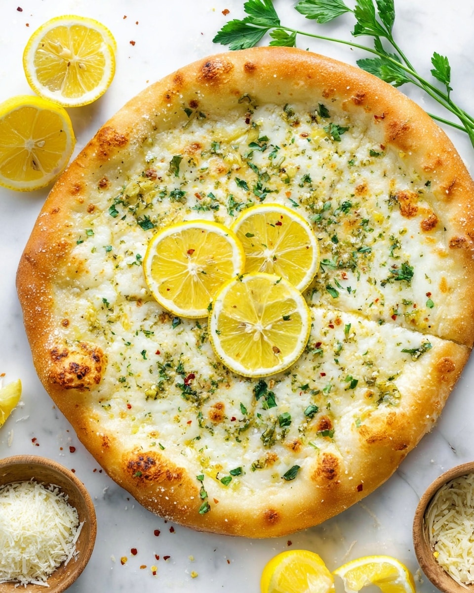 A lemon garlic white pizza with a golden, thick crust forming the outer edge, topped with a creamy white cheese layer dotted with small bits of green herbs and some melted golden garlic pieces. Three thin lemon slices rest evenly spaced on top, adding a bright yellow color contrast to the cheese. Fresh parsley leaves are scattered over the pizza, along with a light drizzle of olive oil and red pepper flakes sprinkled lightly for texture and color. The pizza lies on a white marbled surface, with fresh lemon wedges and parsley sprigs around it, along with a small wooden bowl filled with grated cheese. Photo taken with an iphone --ar 4:5 --v 7