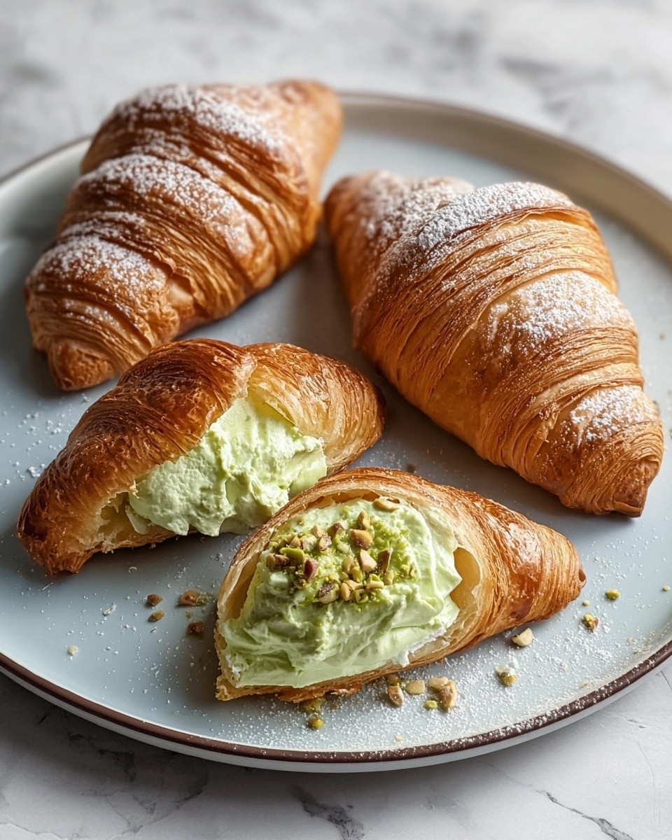 Three croissants are on a white plate with a thin dark rim, placed on a white marbled surface. Two croissants are plain, showing golden brown, flaky layers with a slightly shiny crust and a dusting of white powdered sugar on top, while the third croissant is cut open, filled with a green creamy filling that is spilling out slightly, topped with small chopped nuts. The croissants show multiple thin layers of flaky pastry with a light and airy texture. In the background, there are blurry green leaves, adding a fresh touch to the setting. Photo taken with an iphone --ar 4:5 --v 7