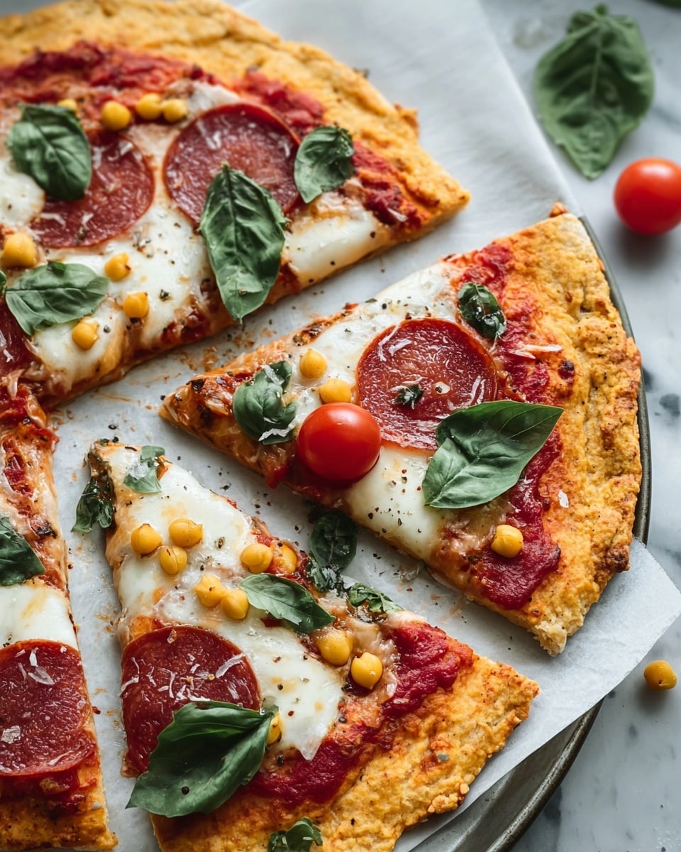 A close-up view of a sliced pizza on white parchment paper, placed on a round baking tray. The pizza has one main layer of a golden, slightly thick crust with a rough texture. On top, there is a smooth tomato sauce layer with a bright red color. The cheese layer is white and melted with some golden spots, spread unevenly across the pizza. Round, thin slices of pepperoni with a reddish-brown color are scattered on the cheese. Fresh green basil leaves are placed on top, adding a bright green touch. Small yellow chickpeas are sprinkled lightly over the pizza. A ripe red cherry tomato sits on one slice. The white marbled surface can be seen in the background with some scattered basil leaves and cherry tomatoes. Photo taken with an iphone --ar 4:5 --v 7
