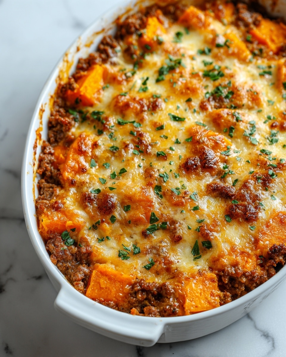 A white oval dish filled with a baked casserole that has two visible layers; the bottom layer is a crumbly ground meat mixture with a brown color, and the top layer consists of bright orange chunks of baked sweet potato covered with melted cheese that has browned slightly in spots. Small green herb pieces are sprinkled evenly over the surface, adding a fresh contrast to the warm colors. The edges of the dish show some browned cheese and filling, with a soft light coming from the left side highlighting the textures. The dish is placed on a white marbled surface. photo taken with an iphone --ar 4:5 --v 7