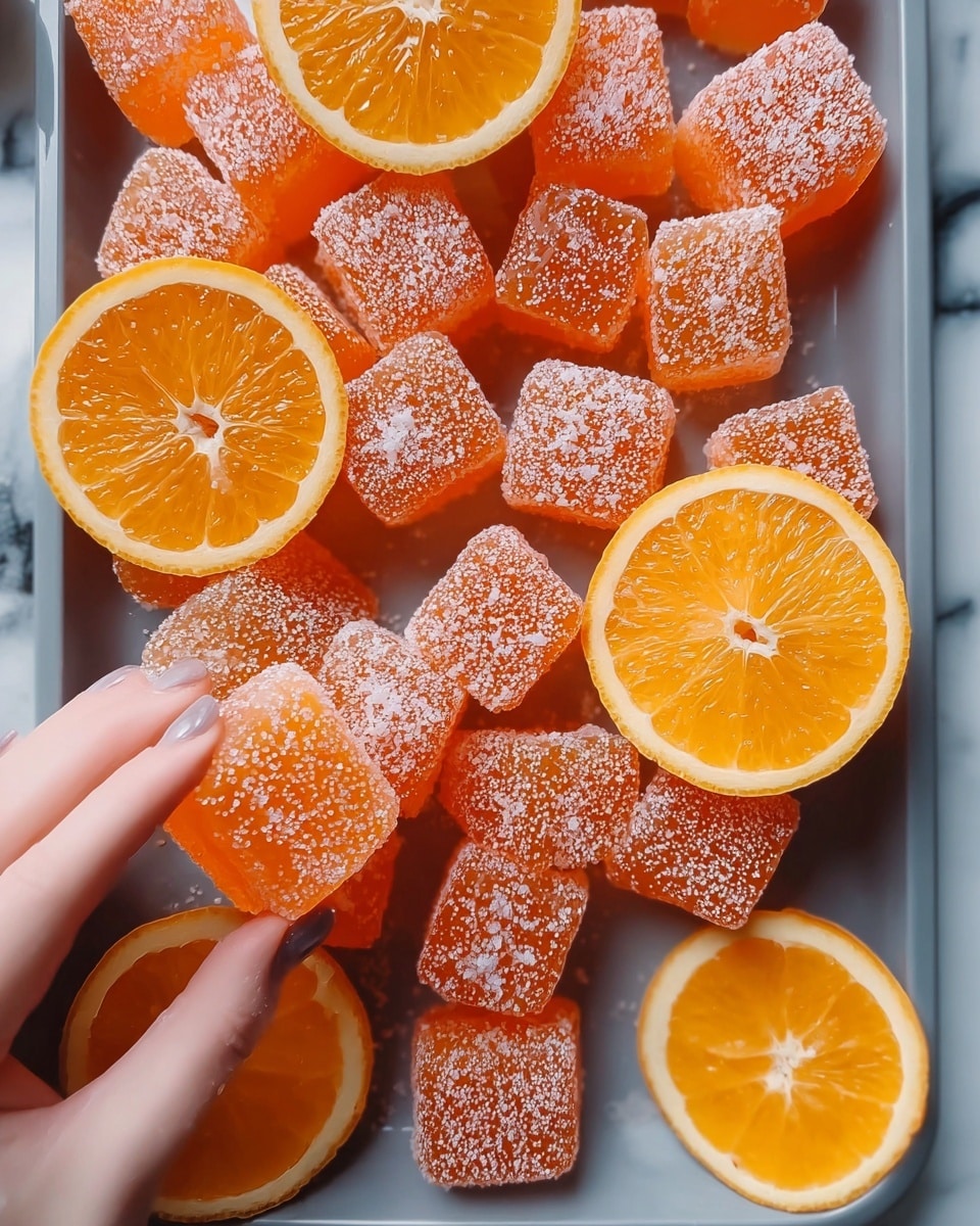A close-up of a tray filled with square-shaped orange jelly candies covered in white sugar crystals, arranged in a scattered way. Around the candies, several orange halves show a bright, juicy texture with visible segments. In the foreground, a woman's hand holds one of the vibrant orange halves, adding a fresh and natural element to the scene. The tray is set against a white marbled surface. photo taken with an iphone --ar 4:5 --v 7