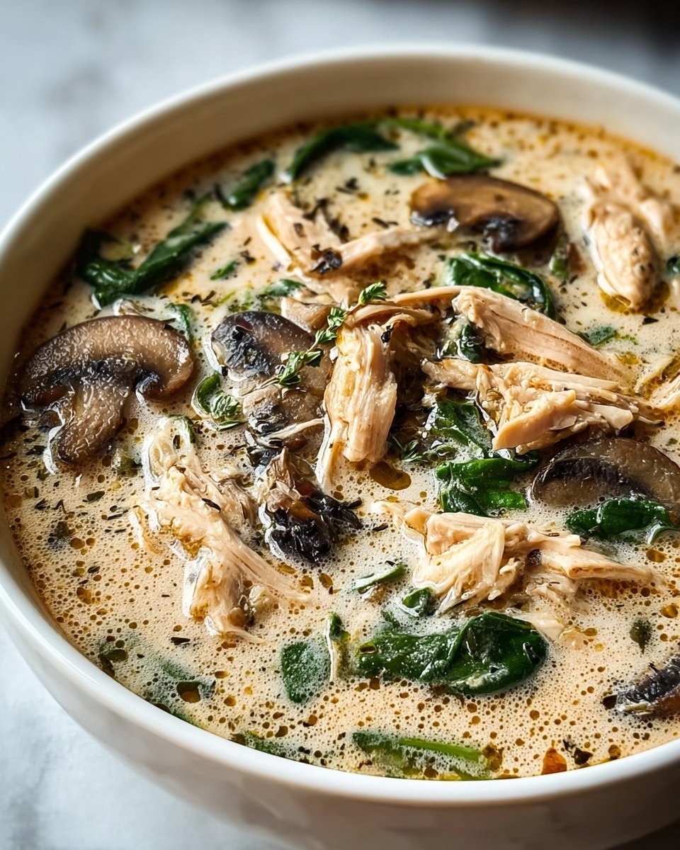 A close-up view of a bowl of creamy chicken and mushroom soup, filled with shredded light brown chicken pieces, sliced dark brown mushrooms, and bright green spinach leaves, all mixed in a thick, beige creamy broth with visible herbs floating on top. The soup has a rich texture with a slight frothy surface. The bowl is white, sitting on a white marbled surface. Photo taken with an iphone --ar 4:5 --v 7