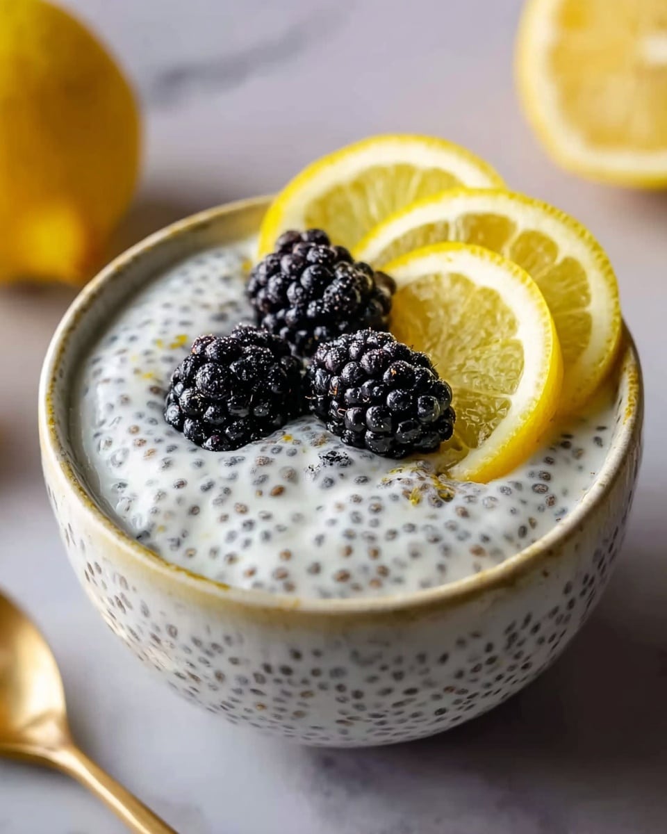 A close-up image of a white bowl filled with creamy chia seed pudding, with small black chia seeds spread evenly throughout the smooth white mixture. Three plump blackberries rest on top, positioned slightly off-center, alongside two thin lemon slices partially embedded at the back edge of the pudding. The bowl sits on a white marbled surface, adding a clean and bright background to the image. Photo taken with an iphone --ar 4:5 --v 7