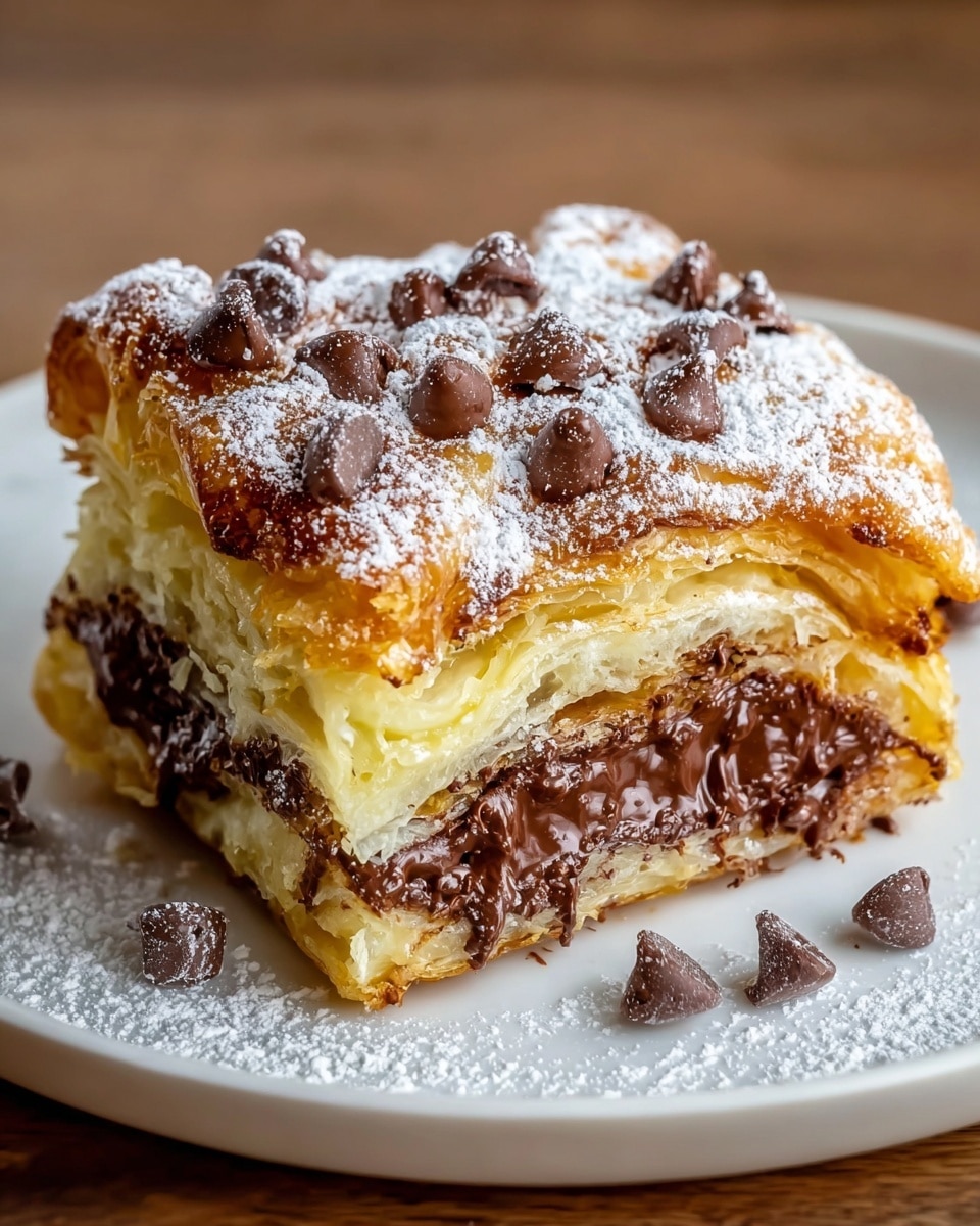 A close-up of a thick pastry slice on a white plate with powdered sugar dusted around; the pastry has multiple layers with a crispy, golden-brown top sprinkled with many dark brown chocolate chips dusted with powdered sugar; inside, the top half is light yellow with soft, flaky layers while the bottom half is filled with rich, melted dark chocolate layers showing a gooey texture; the white plate sits on a wooden surface but background changed to white marbled texture photo taken with an iphone --ar 4:5 --v 7