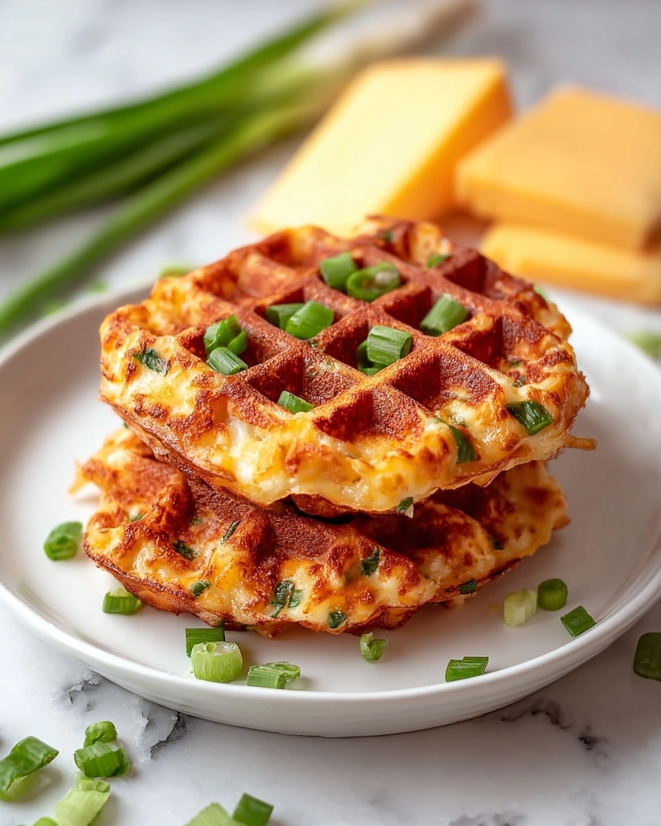 Two golden-brown waffles are stacked on a white plate, each waffle showing a crispy texture with small green bits of chopped scallions visible inside and scattered on top. The waffles have a slightly uneven surface with melted cheese peeking through the waffle indentations, giving a rich and savory look. The plate rests on a white marbled surface, with some more green scallion pieces scattered nearby. In the blurred background, there are slices of pale yellow cheese and some whole scallions adding color contrast. photo taken with an iphone --ar 4:5 --v 7