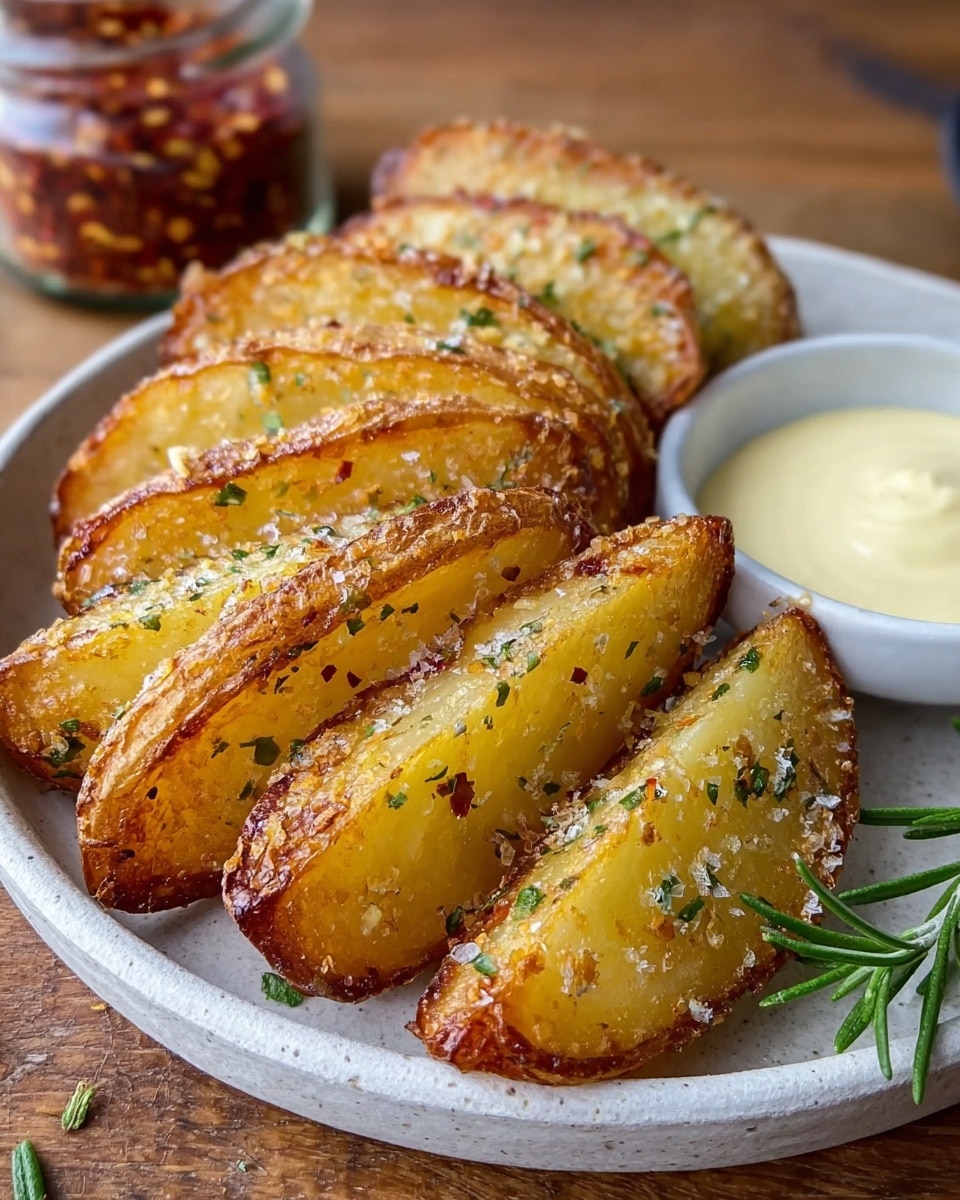 The image shows a white round plate filled with seven thick potato wedges arranged in a slightly overlapping way. Each wedge has a crispy golden brown outer layer with visible salt and green herb flakes sprinkled on top. A small white bowl of creamy light yellow sauce is positioned at the back of the plate near the wedges. A green sprig of rosemary lies on the front edge of the plate. The plate is set on a wooden surface with a jar of red chili flakes slightly blurred in the background. photo taken with an iphone --ar 4:5 --v 7