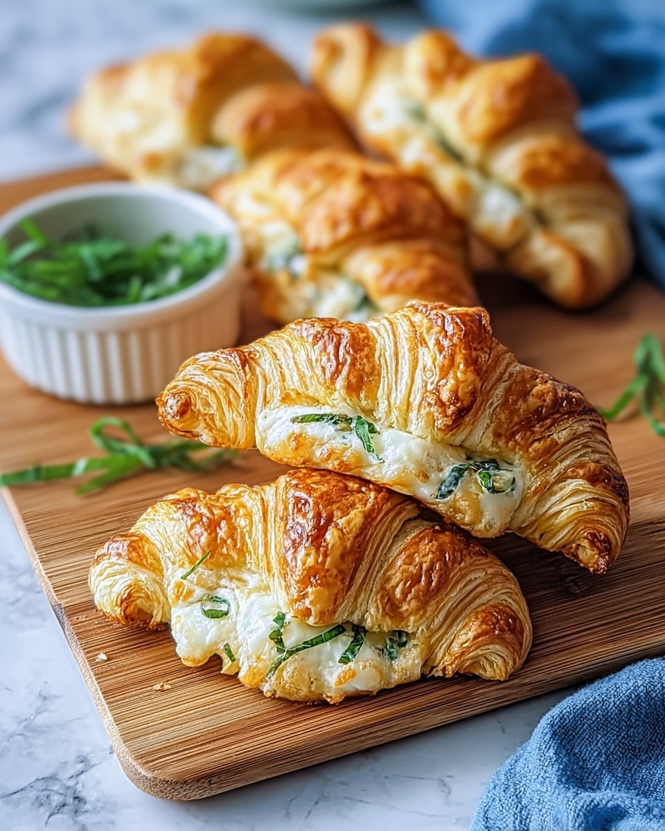 The image shows three golden brown croissants on a wooden board, each with layers of flaky, crispy pastry. Between the layers, there is melted white cheese and fresh green herb leaves, slightly oozing out from the sides. Behind the croissants, there is a small white bowl filled with more green herbs. The whole scene is set on a white marbled surface with a blue cloth partly visible on the side. Photo taken with an iphone --ar 4:5 --v 7