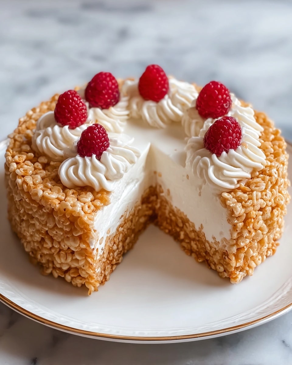 The image shows a round, three-layered dessert on a white plate with a gold rim, placed on a white marbled surface. The bottom layer is golden brown with a crispy texture, looking like puffed rice or cereal held together. Above this is a thick, white creamy layer, smooth and fluffy. The top layer repeats the crispy golden brown cereal texture, covering the sides and edge of the dessert fully. On top, there are five fresh red raspberries sitting on white whipped cream swirls arranged in a ring near the center. A slice is cut out revealing all layers clearly. Photo taken with an iphone --ar 4:5 --v 7